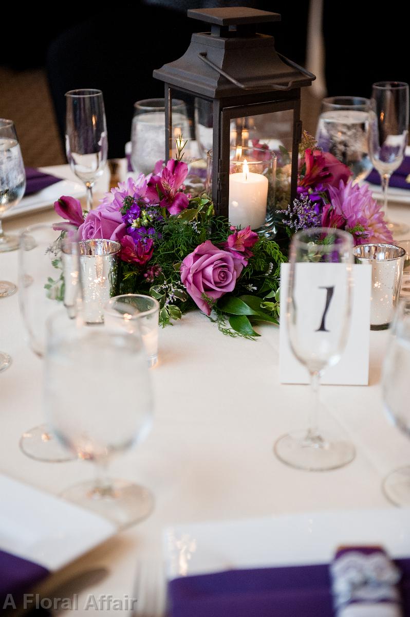 RF1181-Lantern Centerpiece in Shades of Orchid and Plum