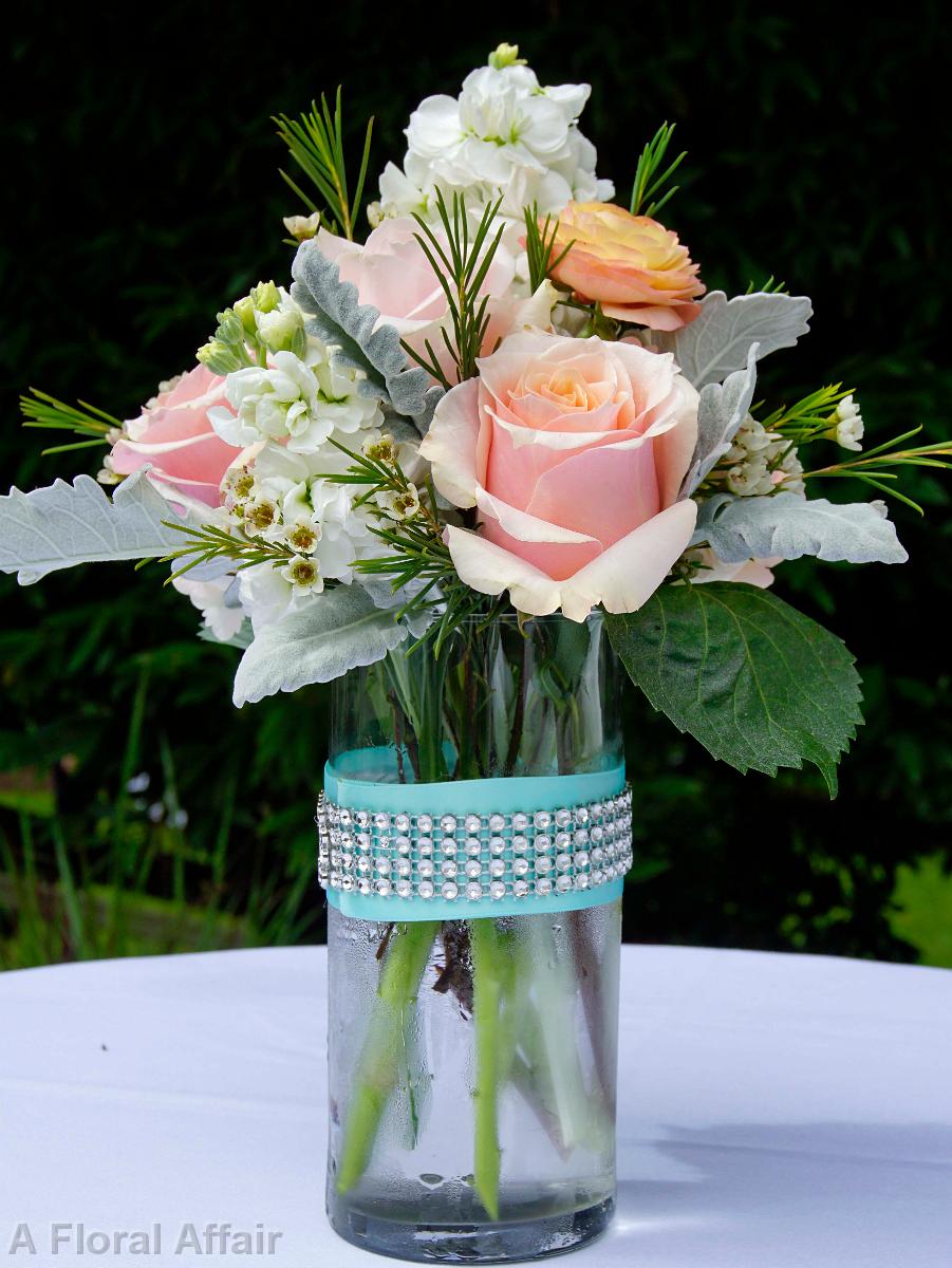 RF1195-Light Coral , White and Gray Centerpiece with Rhinestone and Tiffany Blue Accent