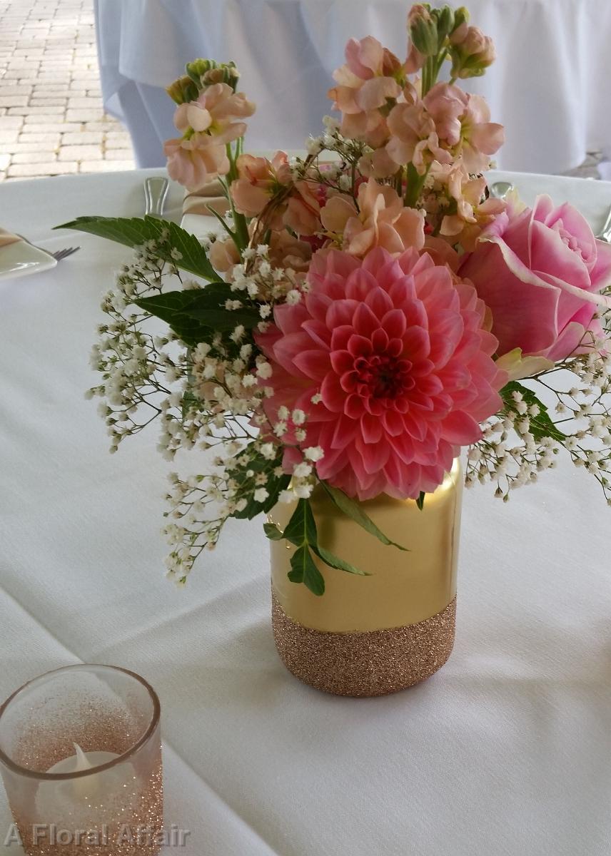 RF1226-Coral and Pink Gold Glitter Mason Jar Centerpiece