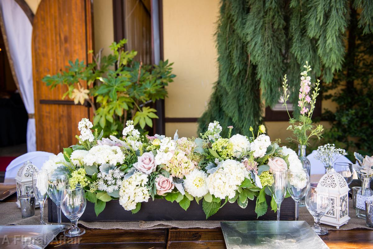 RF1286-Long Low Blush and White Wood Box Centerpiece