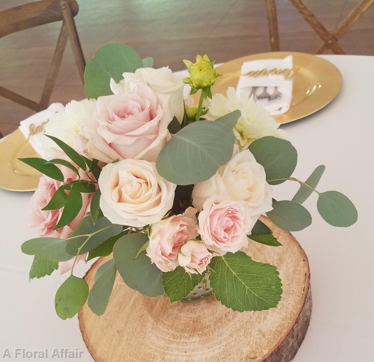 RF1455-Classic Blush and White Centerpiece on Wood Round