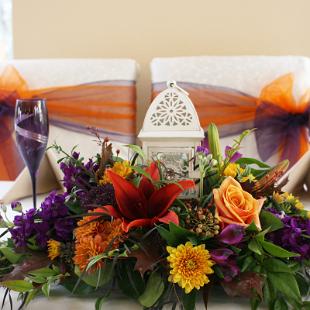 RF1106-Rust Orange, Apricot, and Purple Elegant Fall Head Table Low Centerpiece