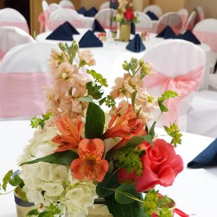 RF1137-Gold, Coral and White Mason Jar Centerpiece