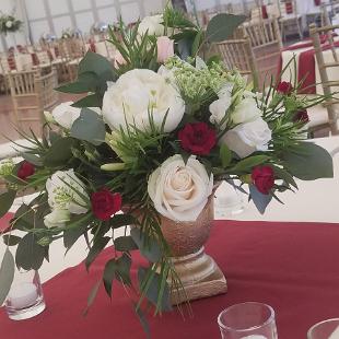 RF1452-Elegant Gold, White and Burgundy Centerpiece