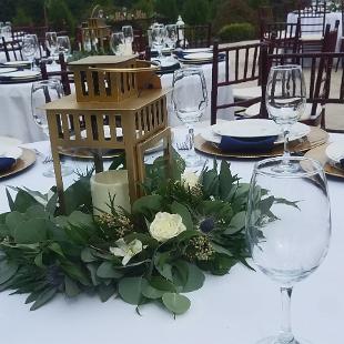RF1465-Gold Lantern, Greenery and Blue and White Flloral Centerpiece