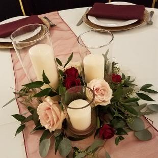 RF1484-Eucalyptus Greenery, Bugundy, and Blush Candle Centerpiece