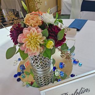 RF1508-Burgundy and Peach Dahlia Centerpiece