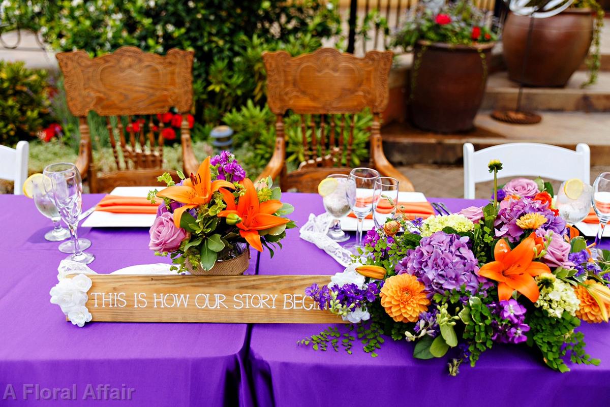 FT0724-Stunning Orange and Royal Purple Head Table Bokay's