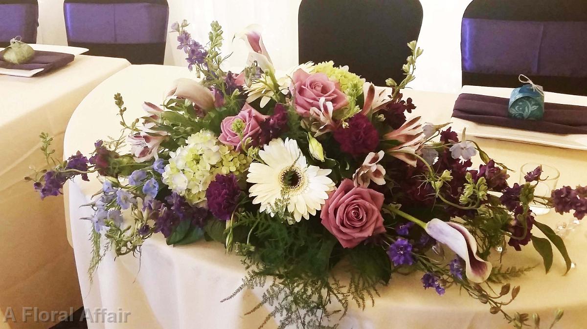 FT0728-Plum, Purple and Royal Blue Head Table Arrangement