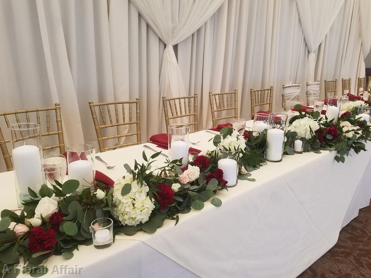 FT0743-Long Head Table Garland and Candles in Burgundy, Blush and White