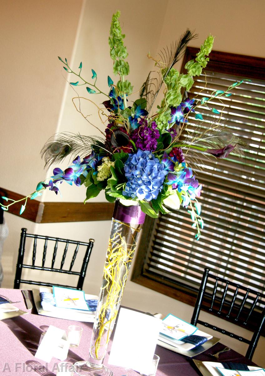 RF1101-Eggplant Purple, Dark Blue, and Green, Modern Tall Centerpiece with Peacock Feathers