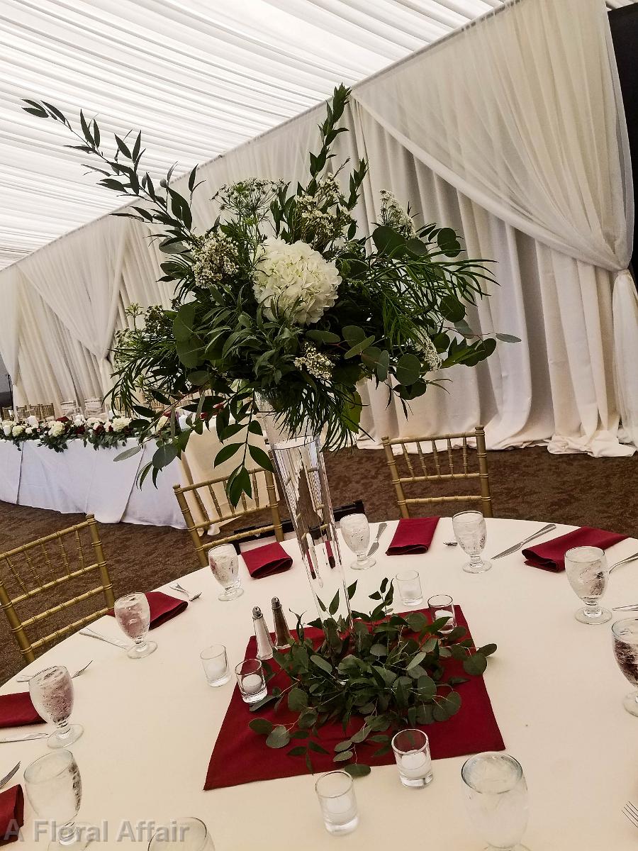 RF1450-Tall Centerpiece with Greenery and A Few White Flowers