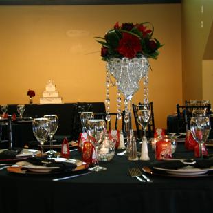 R1090F-Red and Green, Elegant Tall Centerpiece with Hanging Crystals
