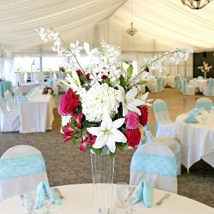 RF1087-Hot Pink, Aqua, and White Sophisticated Tall Centerpiece with Crystals in the Vase