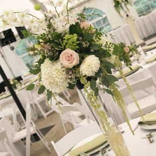 RF1102-Blush Pink, Green, and White, Romantic Garden Tall Centerpiece with Pearls