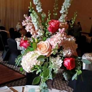 RF1212-Tall Romantic Garden Centerpiece in Corals and Pinks