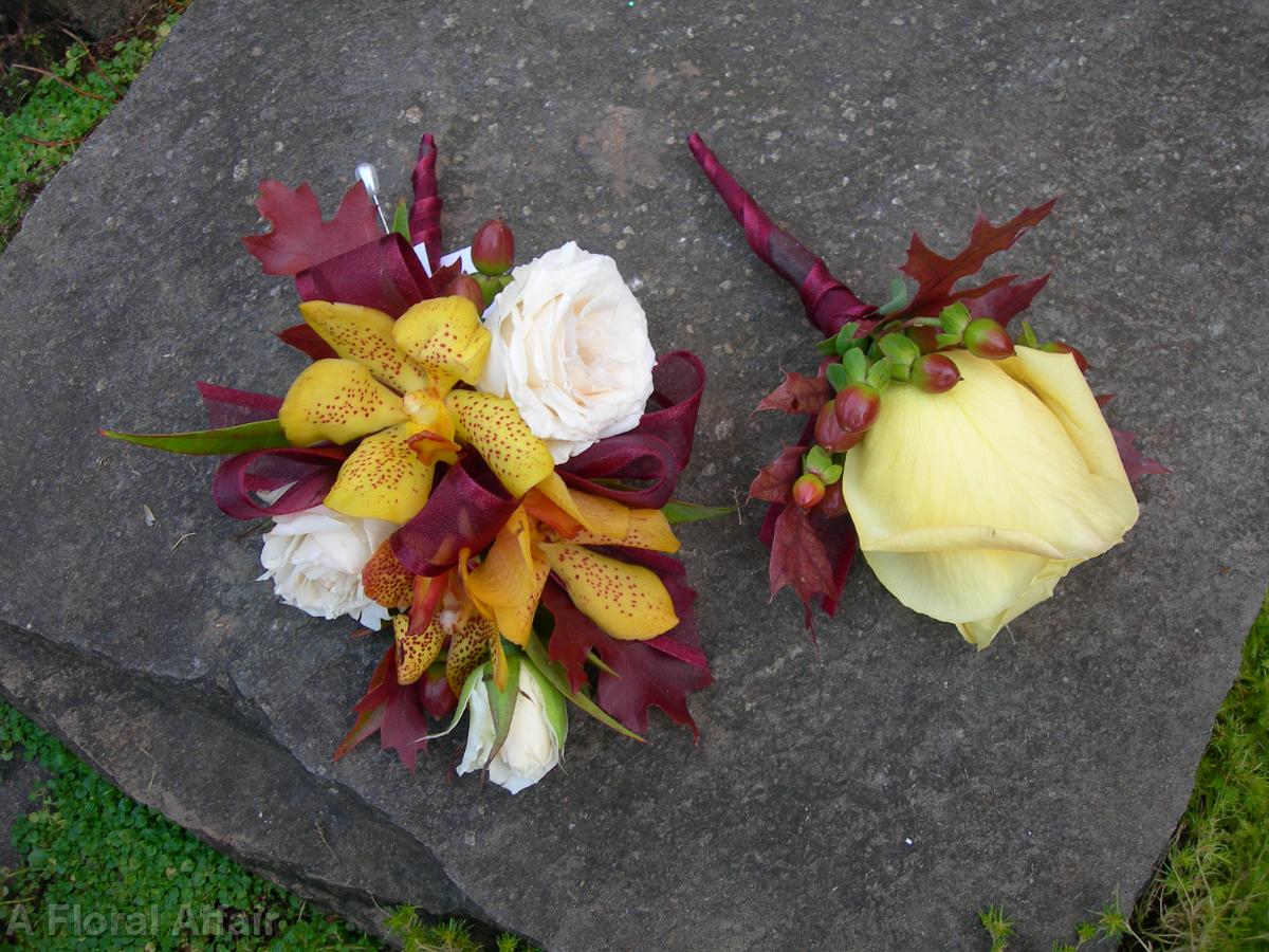 BF0356-Fall, Wine and Pale Yellow Corsage and Boutonniere