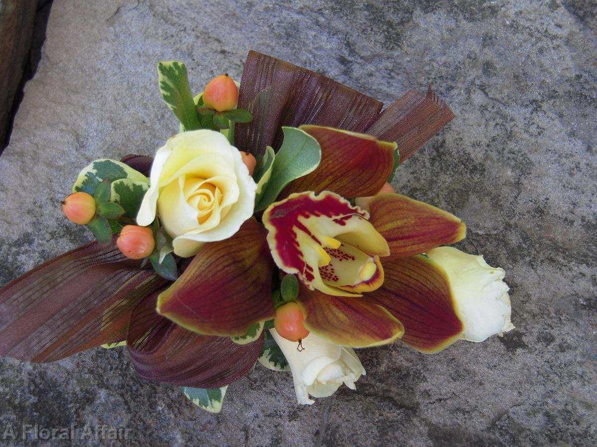 BF0413-Pale Yellow Rose and Rust Orchid Corsage