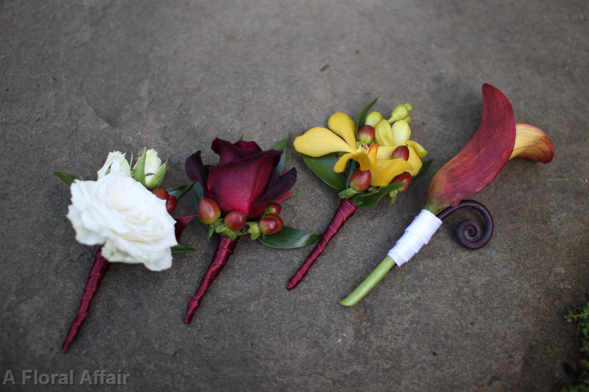 BF0460-Ivory, Burgundy and Gold Boutonnieres