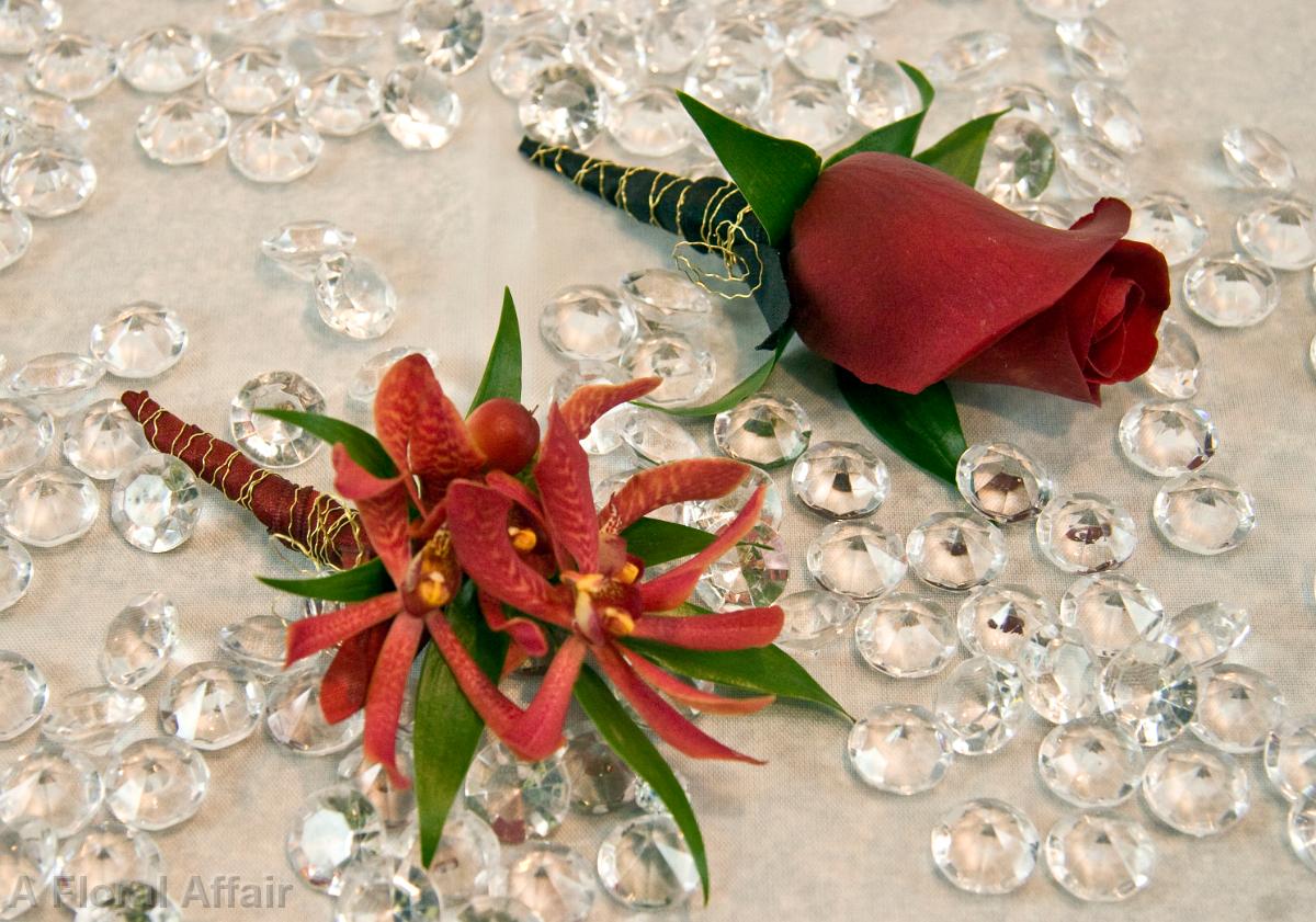 BF0472-Red Orchid and Rose Boutonnieres