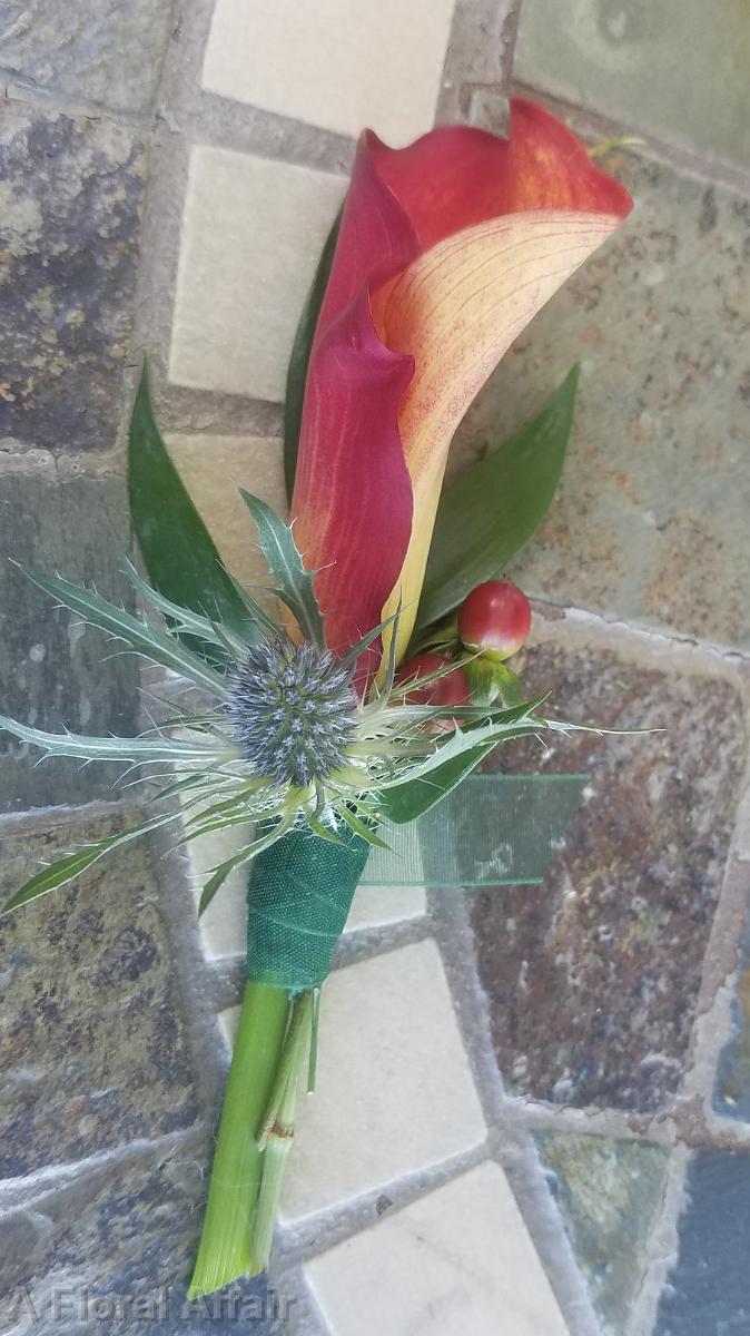 BF0785-Flame Mini Calla and Thistle Boutonniere