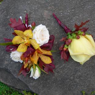 BF0356-Fall, Wine and Pale Yellow Corsage and Boutonniere