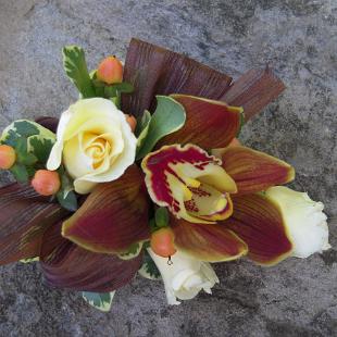 BF0413-Pale Yellow Rose and Rust Orchid Corsage