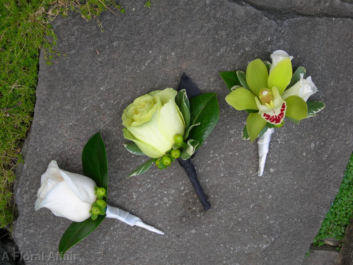 BF0348-Green, White and Black Boutonnieres