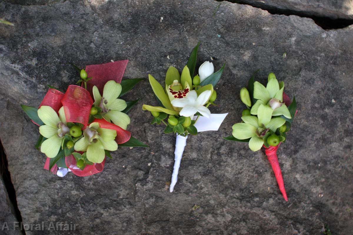BF0456-Coral, and Green Boutonnieres and Corsages