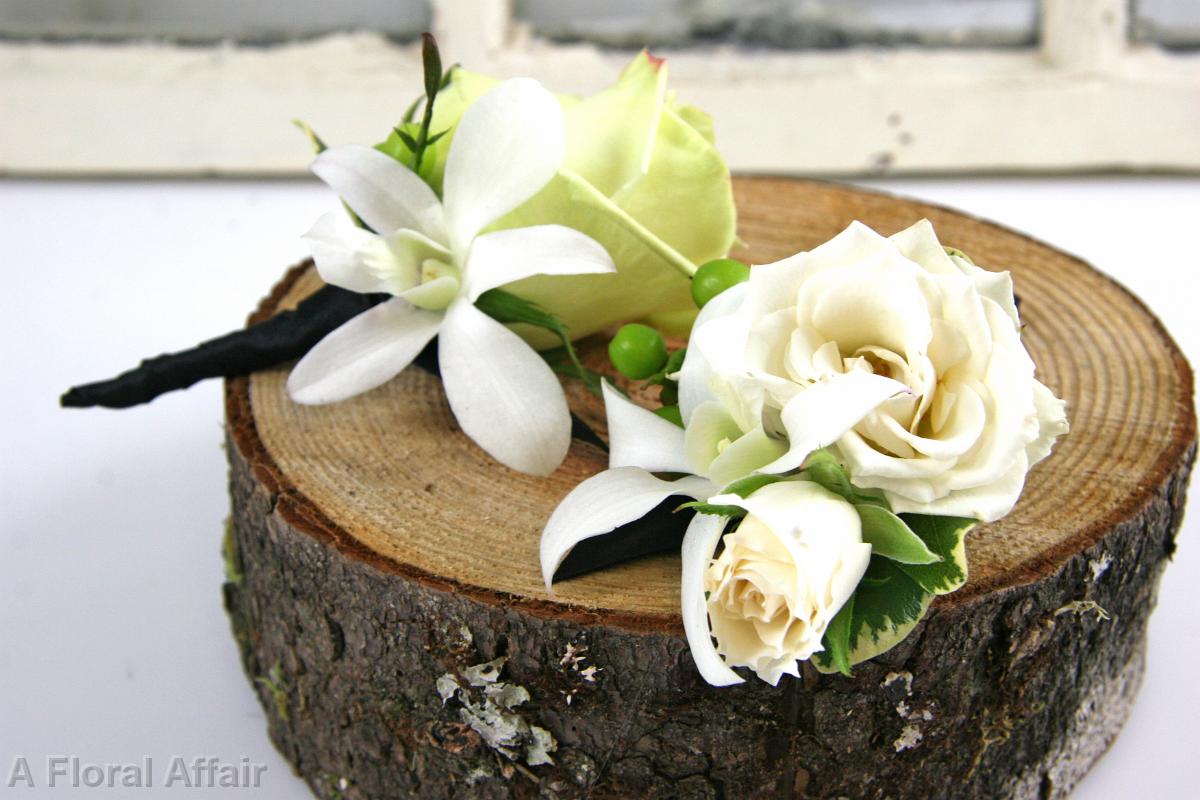 BF0612-Natural Ivory, White and Green Rose Boutonniere