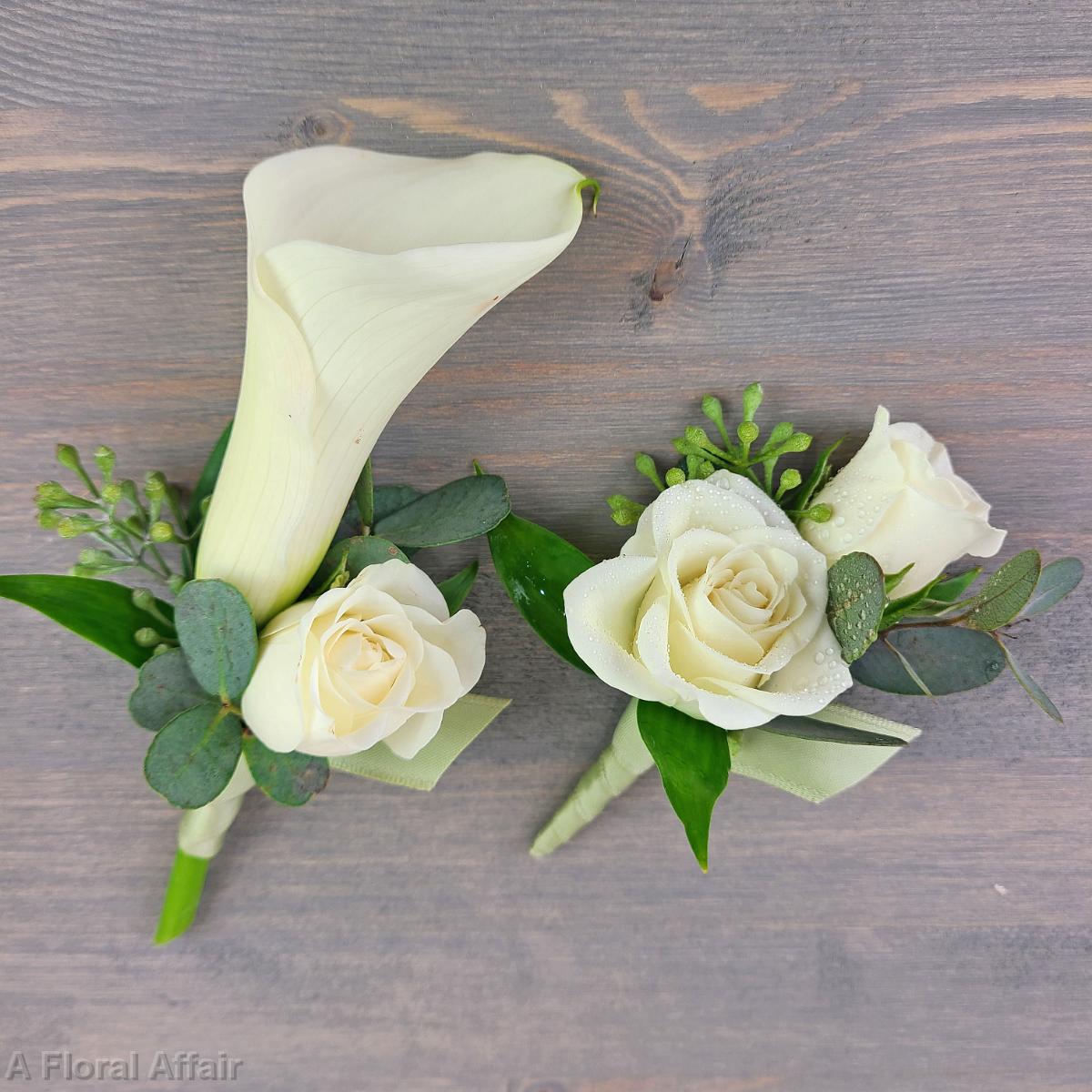 BF0804-White Mini Calla and White Spray Rose Boutonniere