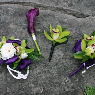 BF0445-Royal Purple and Green Corsage and Boutonnieres