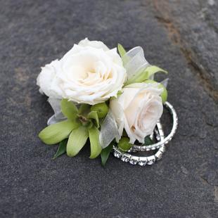 BF0561-Ivory and Green Rhinestone Wrist Corsage