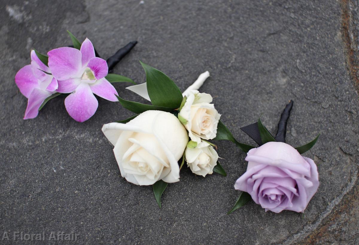 BF0479-Wisteria, Ivory and Black Boutonnieres