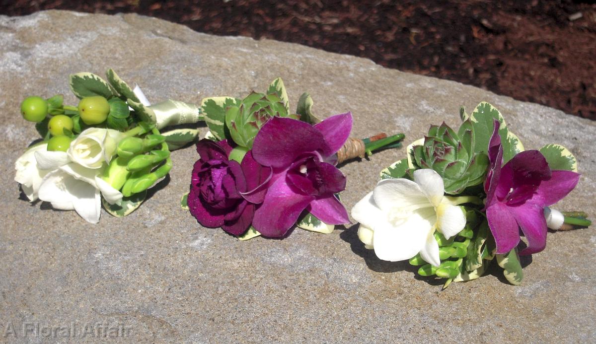 BF0640-Natural Succulent, Orchid and White Freesia Boutonniere