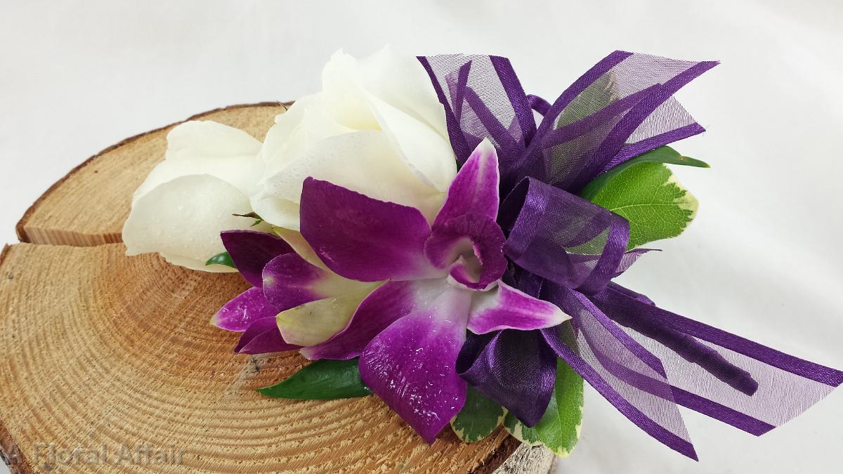 BF0672-Plum and White Orchid and Spray Rose Corsage