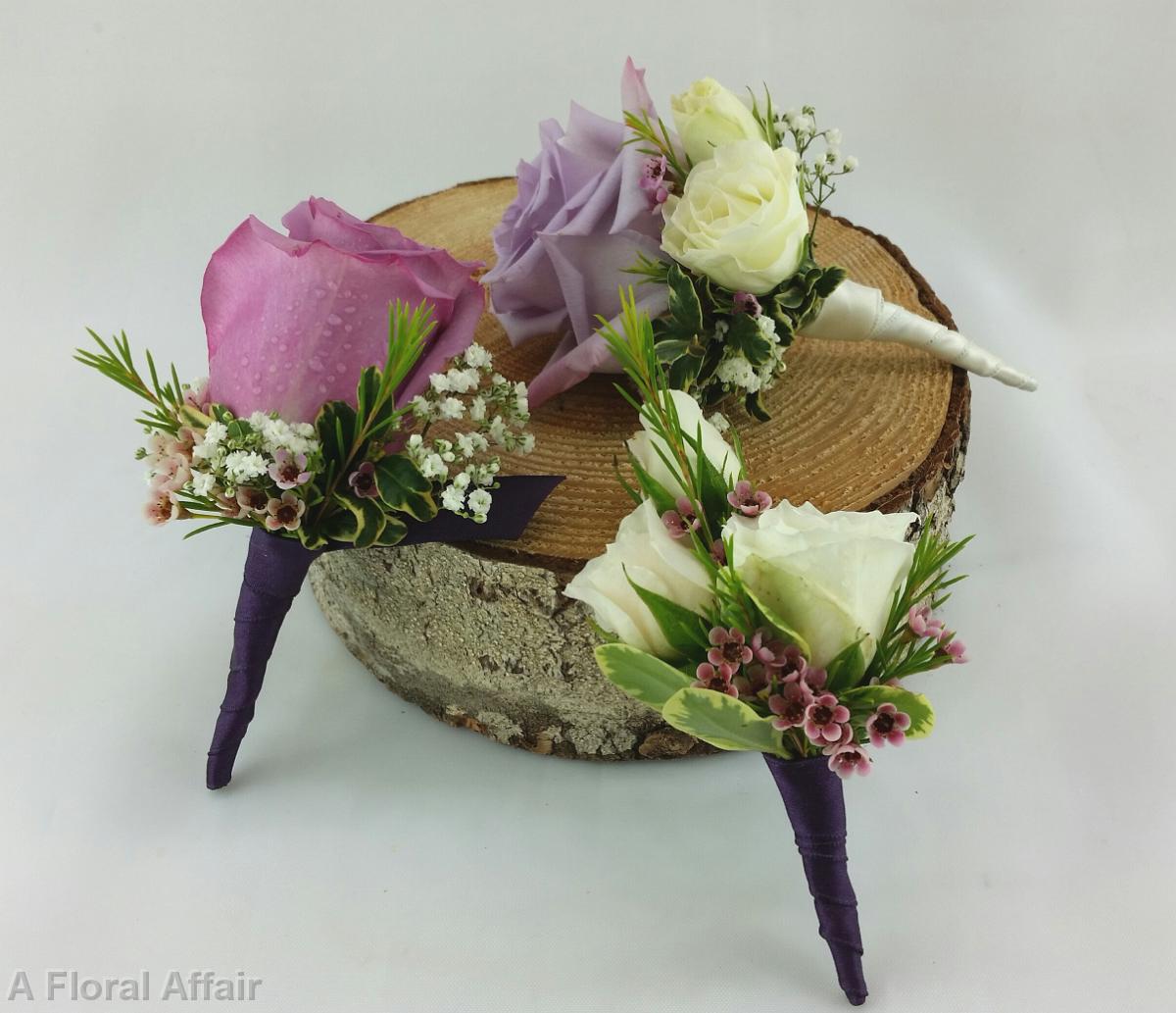 BF0681-Lavender and White Rose With Wax Flower Boutonnieres