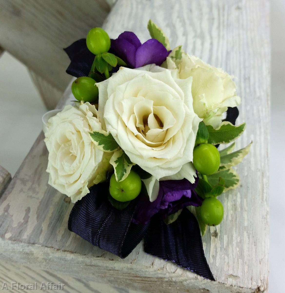 BF0708-Ivory, Purple and Green Wrist Corsage