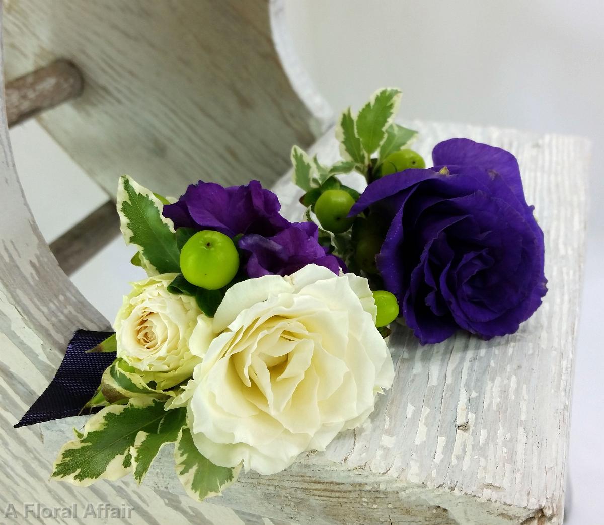BF0710-Purple Lisianthus and White Rose Boutonnieres