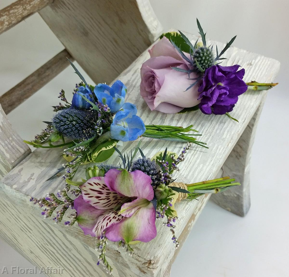 BF0713-Lavender Alstromeria, Rose and Blue Belladonna Boutonnieres