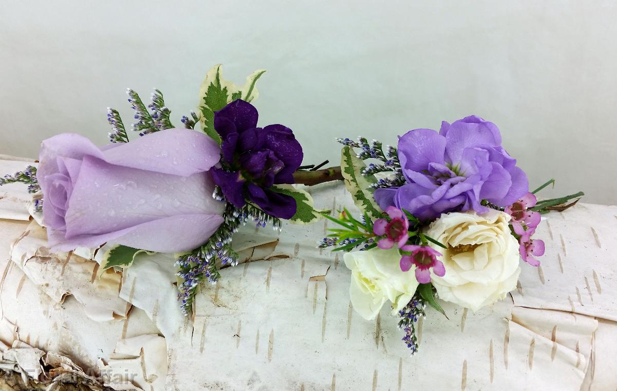 BF0734-Lavender and Purple Rose and Stock Boutonnieres