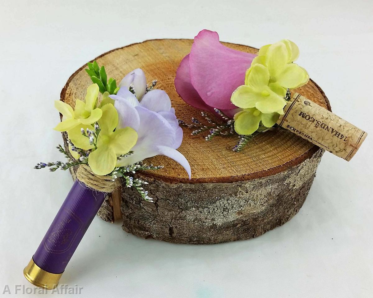BF0742-Lavender and Purple Shot Gun Shell and Wine Cork Boutonnieres
