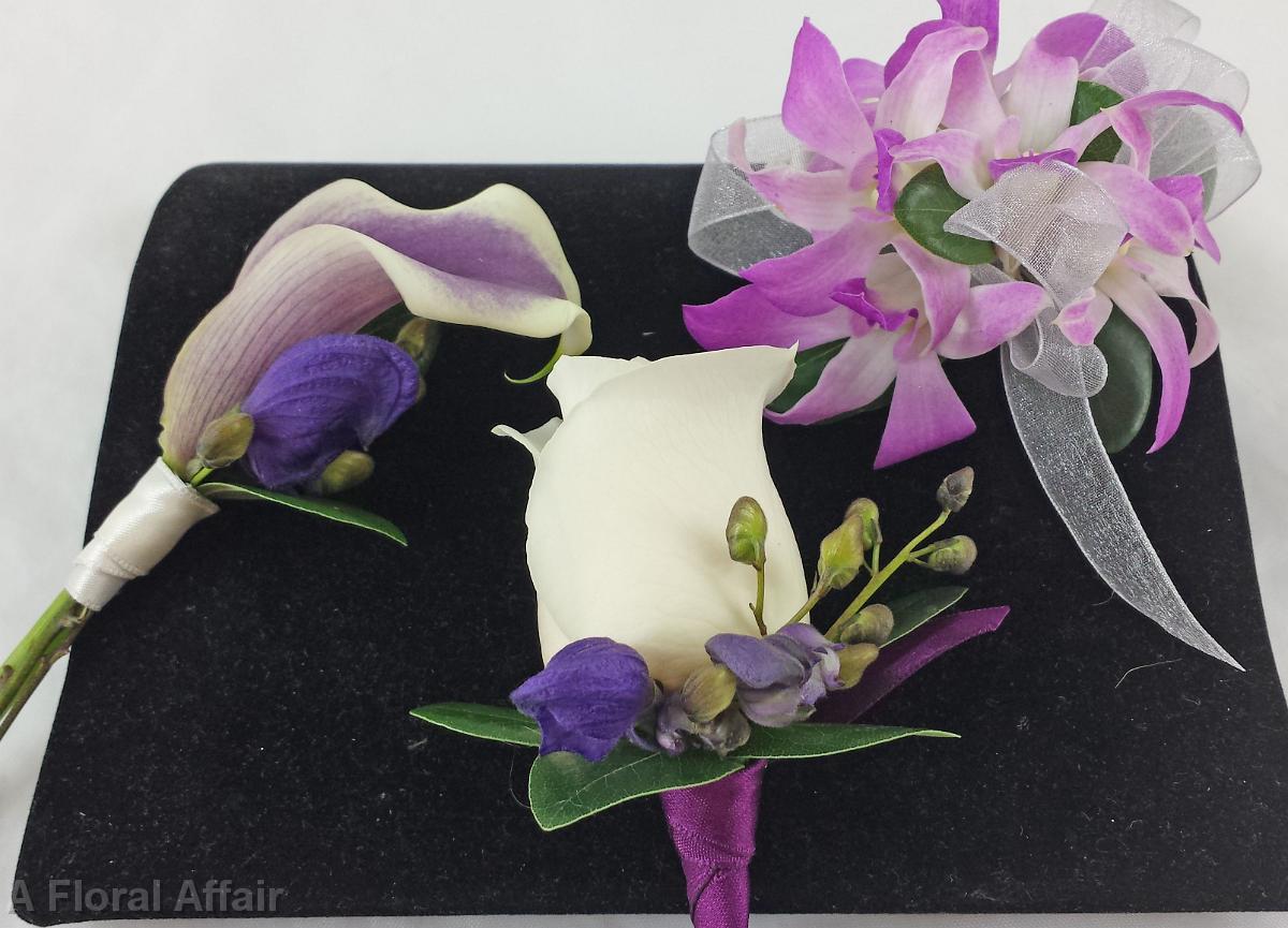 BF0752-Picasso Mini Calla, Rose and Dendrobium Orchid Boutonnieres