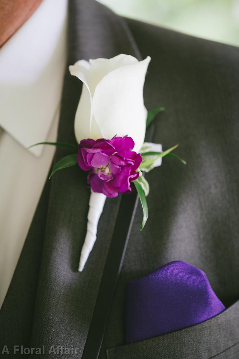 BF0768-White Rose and Purple Stock Boutonniere