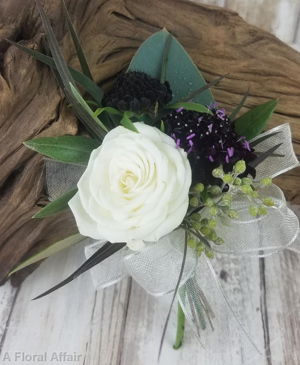 BF0781-Scabiosa and White Spray Rose Corsage