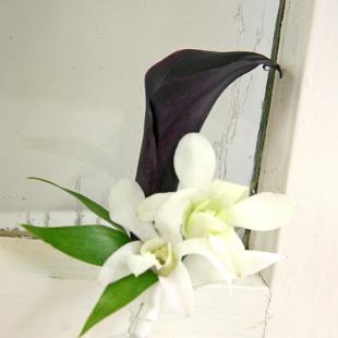 BF0615-Grooms Black Mini Calla and White Orchid Boutonniere