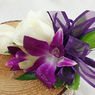 BF0672-Plum and White Orchid and Spray Rose Corsage