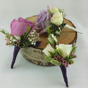 BF0681-Lavender and White Rose With Wax Flower Boutonnieres