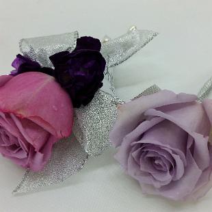 BF0705-Lavender Rose Boutonniere and Corsage with Silver Wrap