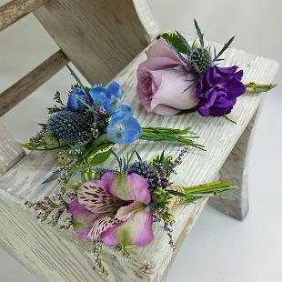 BF0713-Lavender Alstromeria, Rose and Blue Belladonna Boutonnieres